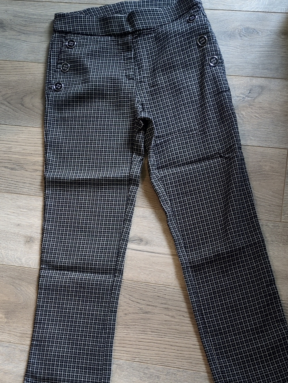 Black Windowpane Straight-Leg Pants with Side Button Detail